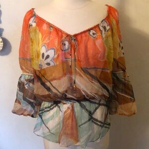 Cache Silk multi color blouse w/metallic thread details Size Large
